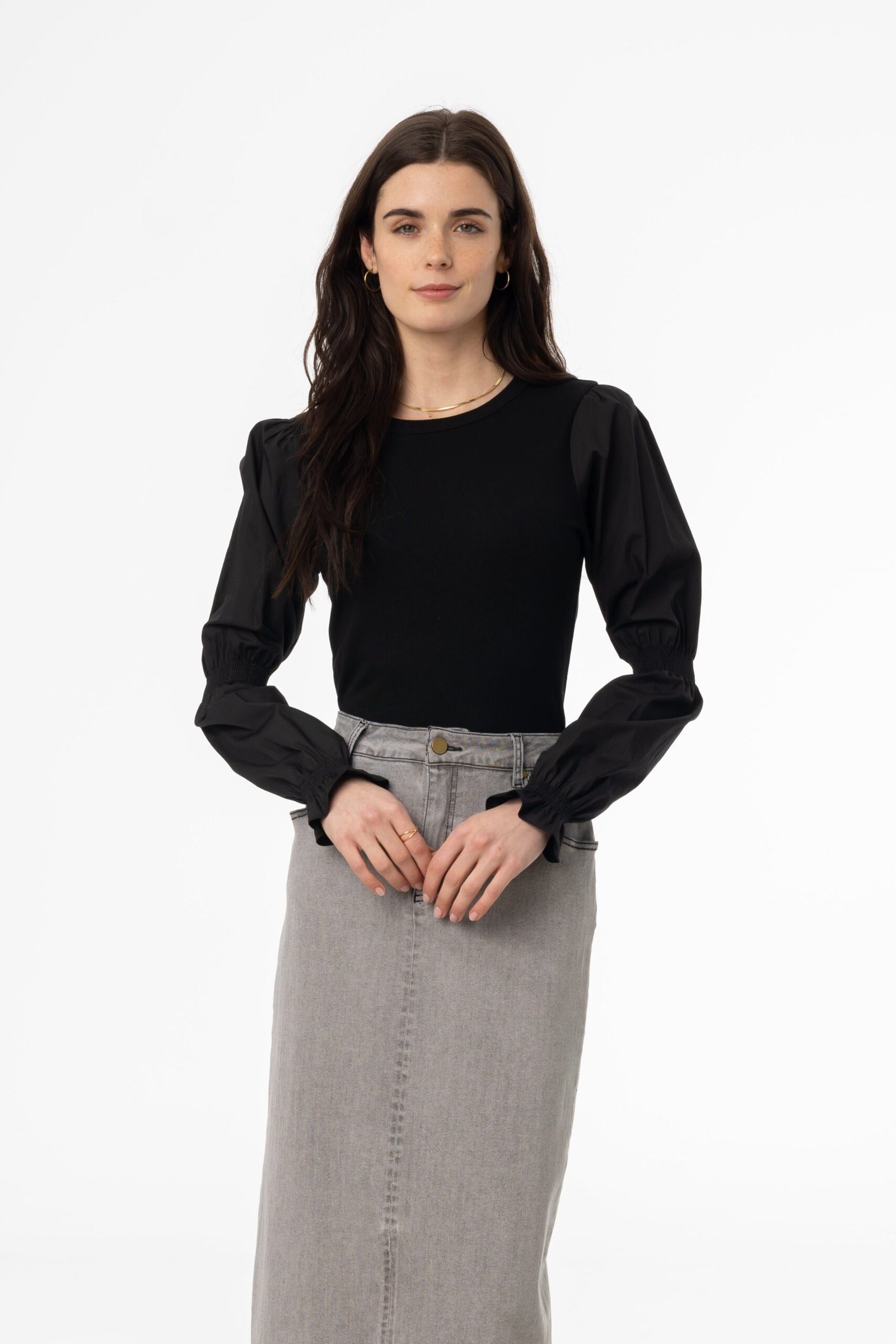 Black Combo Gathered Sleeve T-Shirt