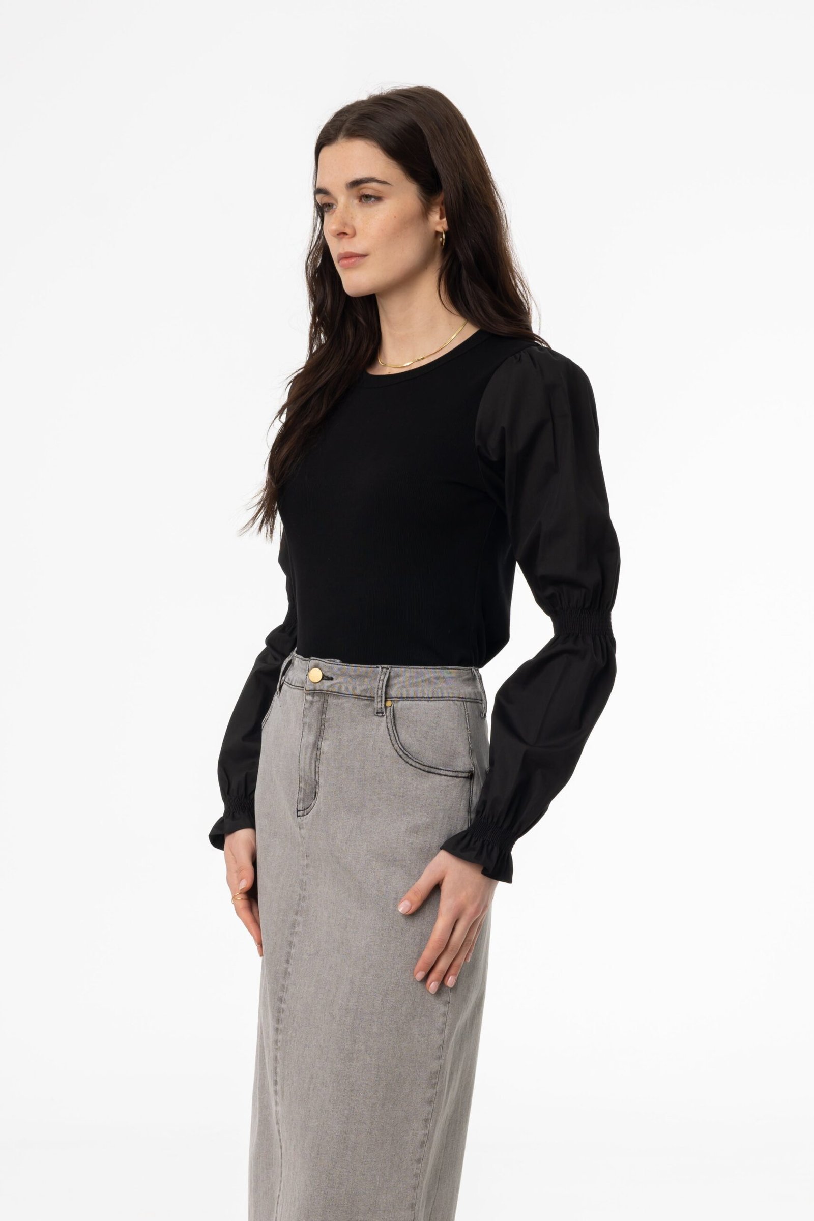 Black Combo Gathered Sleeve T-Shirt - Image 2