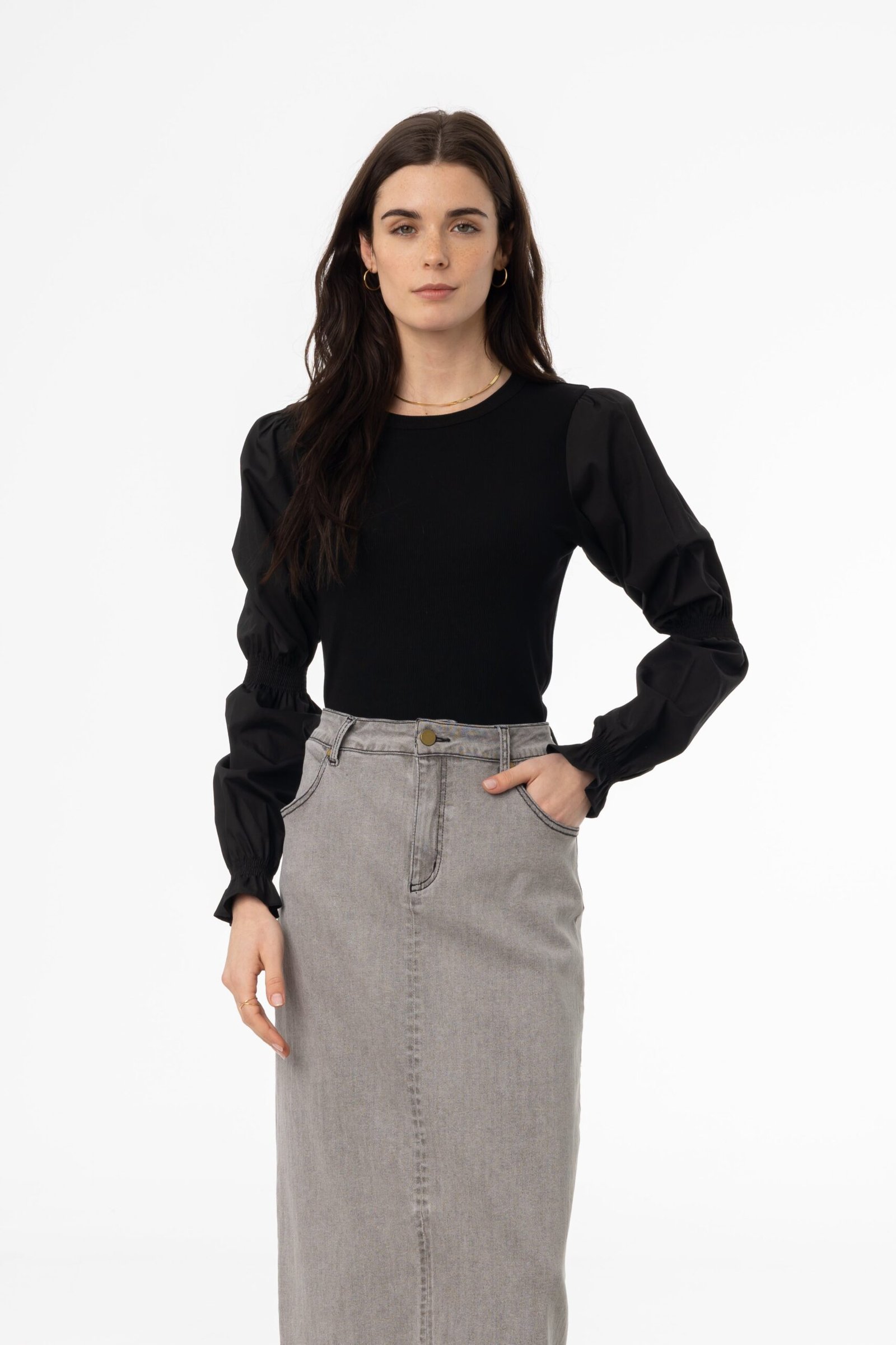 Black Combo Gathered Sleeve T-Shirt - Image 4