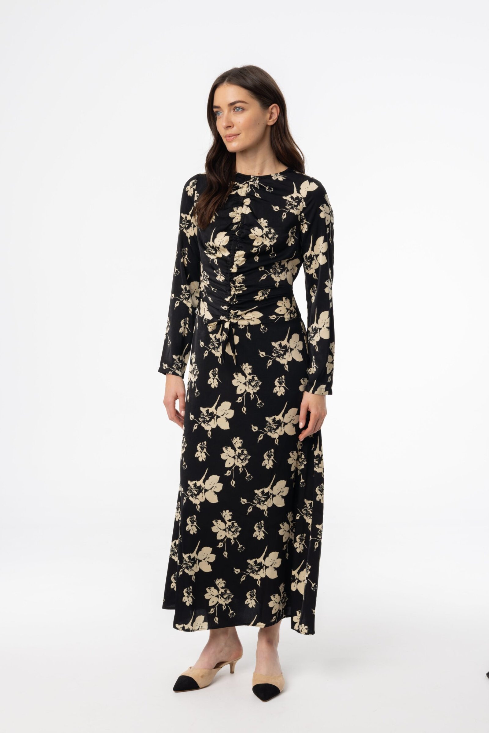 Black Floral Ruched Maxi Dress - Image 2