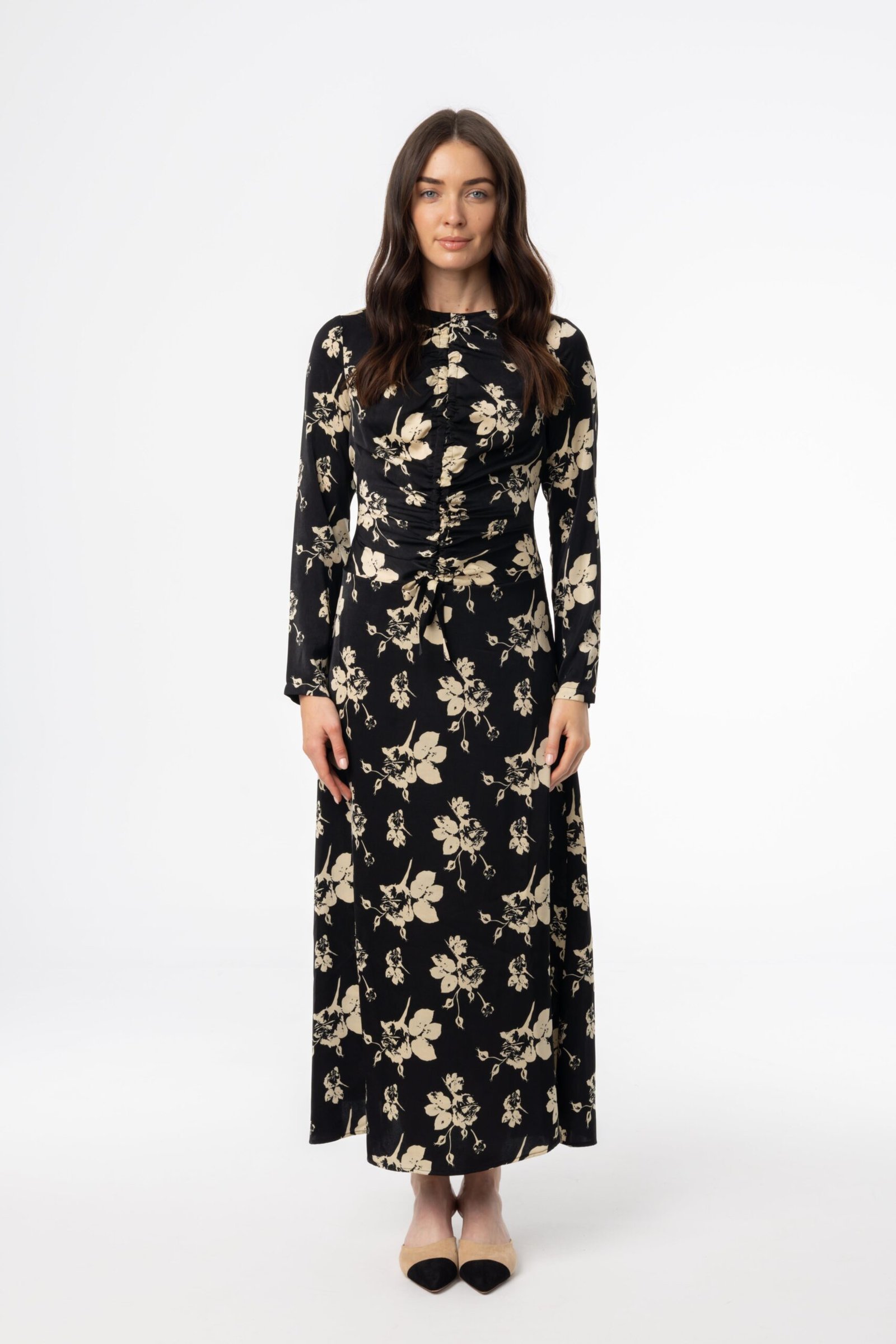 Black Floral Ruched Maxi Dress - Image 4