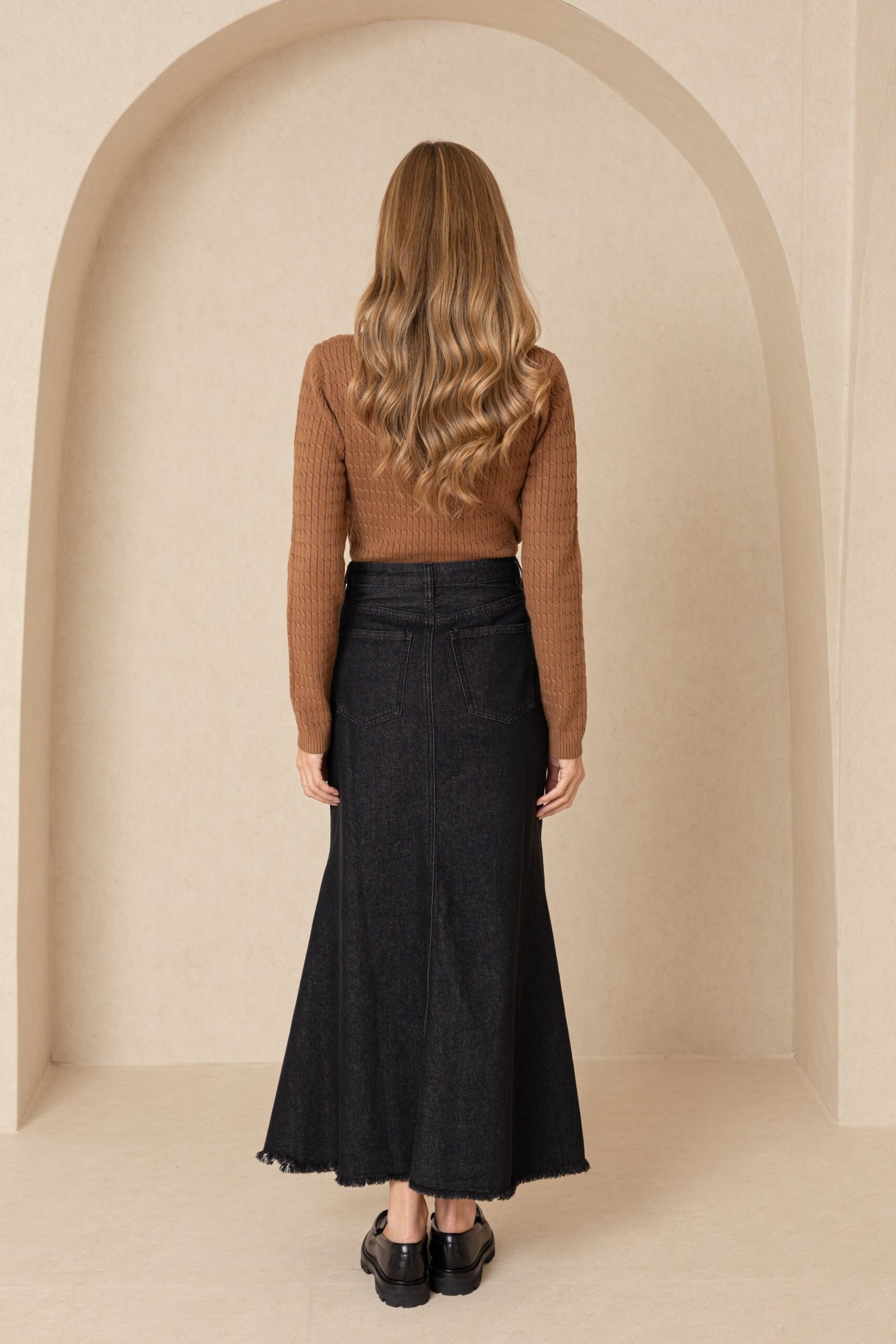 Black Denim Flare Bottom Skirt - Image 3