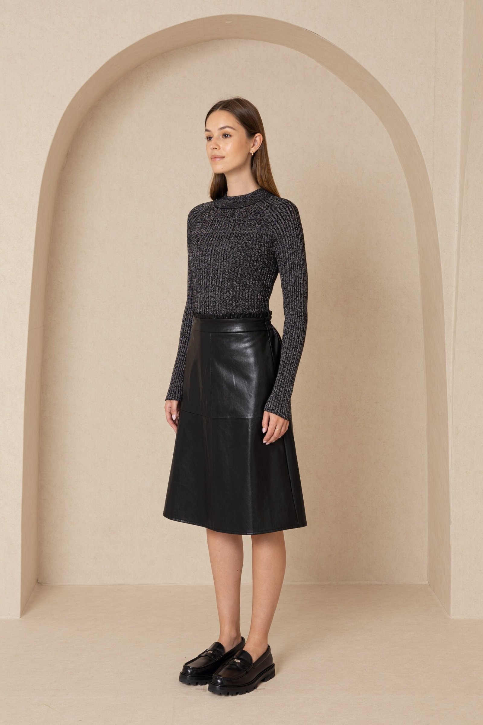 Black Gathered Leather Skirt - Image 2